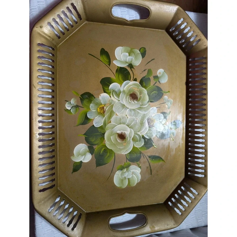 Vintage Toleware Tole Hand Painted Floral Metal Tray Gold w/ White Flowers